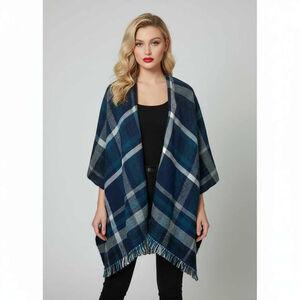 Steve Madden Blue Turquoise Reversible Plaid Houndstooth Shawl Scarf Wrap